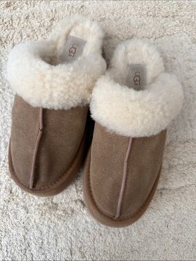 UGG Chestnut Suede Shearling Slide Slippers with Cream Cuff